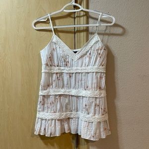 Women Small Pretty Country Girl Tank Top Blouse Lace Spaghetti Straps Pleats